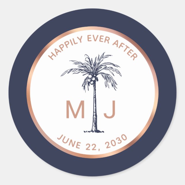 Sticker Rond Mariage Tropical Or Rose Monogramme Palmier (Devant)