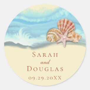 Sticker Rond Mariage Vague Océan Bleu Romantique & Coquillages