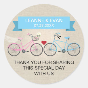 Sticker Rond Mariage Vélo bleu Faux Linen
