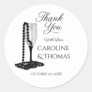 Sticker Rond Mariage Verre à Champagne Perle Noir & Blanc