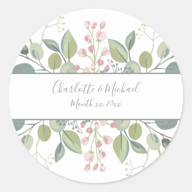 Sticker Rond Mariage vert à la menthe rose fleurie (Devant)