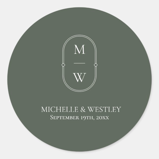 Sticker Rond Mariage vert monogramme minimaliste (Devant)