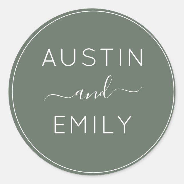 Sticker Rond Mariage vert olive moderne personnalisé (Devant)