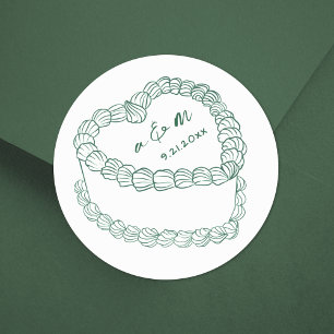 Sticker Rond Mariage Vert Rétro Dessiné à la Main Gâteau Fantai