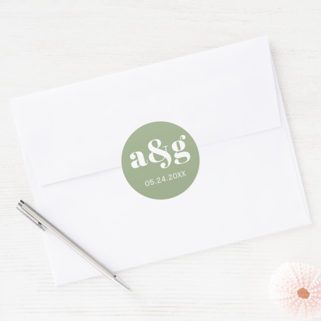 Sticker Rond Mariage vert sauge simple et élégant (Enveloppe)