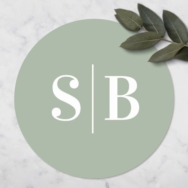 Sticker Rond Mariage vert simple feuille claire monogramme (Créateur téléchargé)