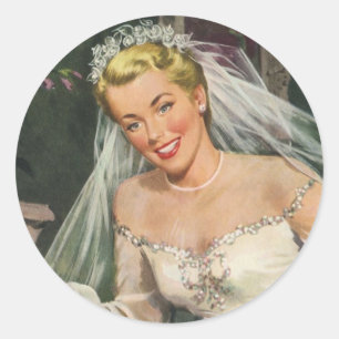 Sticker Rond Mariage Vintage, Mariée Rétro avec Fille de Fleurs