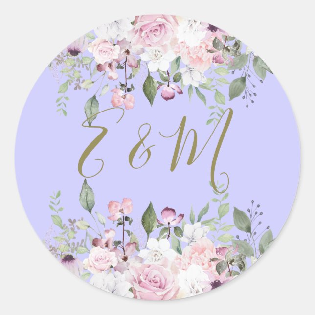 Sticker Rond Mariage violet Floral Monogramme Or été (Devant)