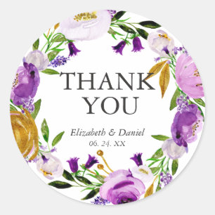 Sticker rond Mariage violet & or Merci