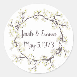 Sticker Rond Mariage White Flower Branch Wreath