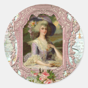 Sticker Rond Marie Antoinette dans un cadre rose