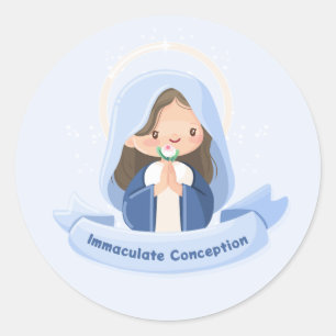 Sticker Rond Marie Vierge Kawaii Paisible en Prière – Bleu Clai