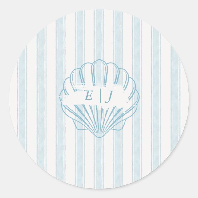 Sticker Rond Mariée Coquillage Marin Époux Initial Bleu (Devant)