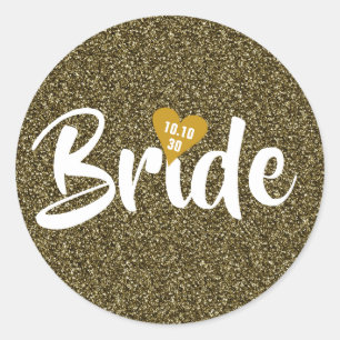 Sticker Rond Mariée Date Cœur Paillettes Personnalisé Or
