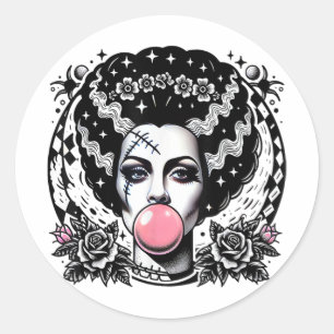Sticker Rond Mariée De Frankenstein Bubble Gum Monstre Hallowee