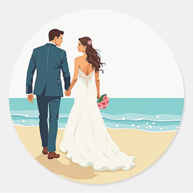 Sticker Rond Mariée et marié à la plage (Devant)