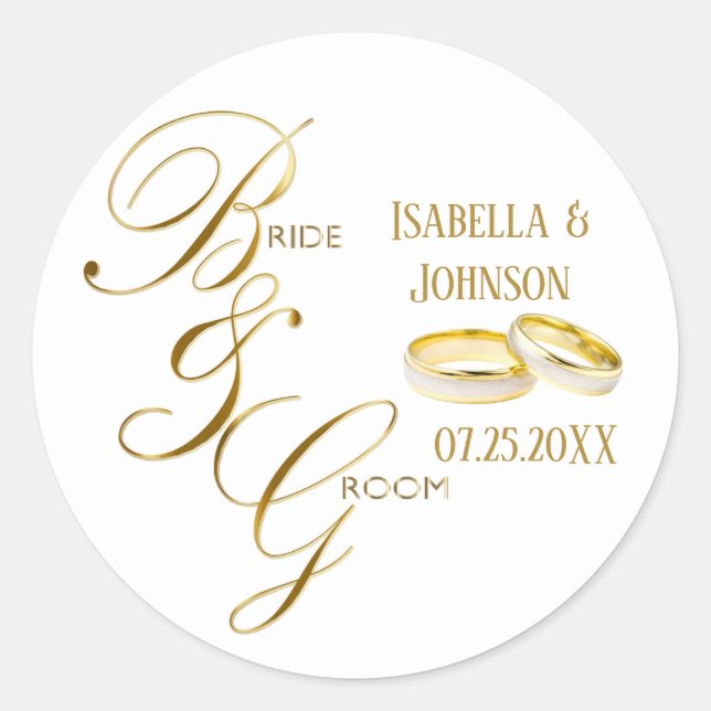 Sticker Rond Mariée et mariée blanche et or - Anneaux (Devant)