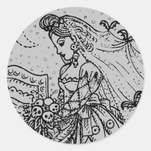 STICKER ROND MARIÉE GOTH D'HALLOWEEN, CHAUVES-SOURIS, VOILE, BO