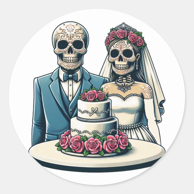 Sticker Rond Mariée squelette et marié jour de mariage des mort (Devant)
