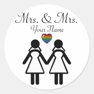 Sticker Rond Mariées lesbiennes Silhouette avec Rainbow Heart