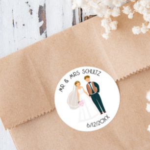 Sticker Rond Mariés personnalisés M et Mme Bride et Groom sarce