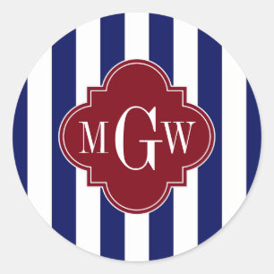 Sticker Rond Marine Blancs Burgundy Quatrefoil 3 Monogramme