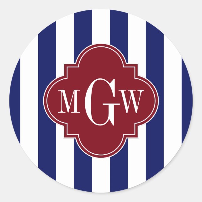 Sticker Rond Marine Blancs Burgundy Quatrefoil 3 Monogramme (Devant)