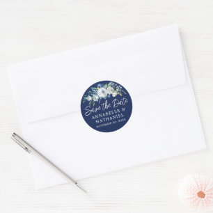Sticker Rond Marine Bleu Blanc Floral hiver Enregistrer la date