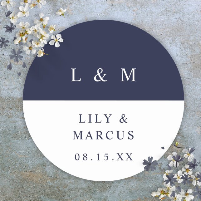 Sticker Rond Marine Bleu Blanc Monogramme Minimaliste Mariage F (Créateur téléchargé)