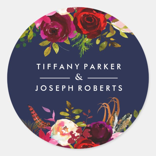 Sticker Rond Marine Bleu Bourgogne Jardin Floral Printemps Mari (Devant)