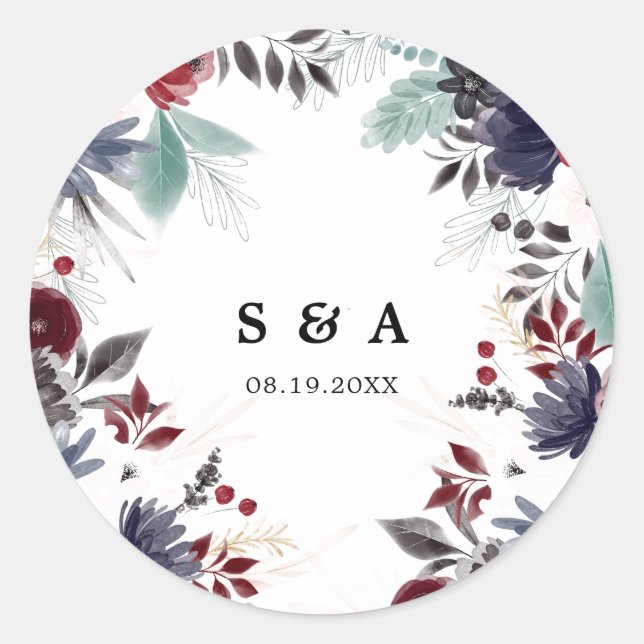 Sticker Rond Marine Bleu Bourgogne Rouge Gothique Floral Mariag (Devant)