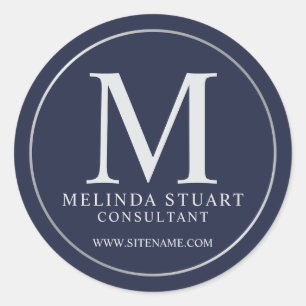 Sticker Rond Marine Bleu et Argent Élégant Monogramme Business