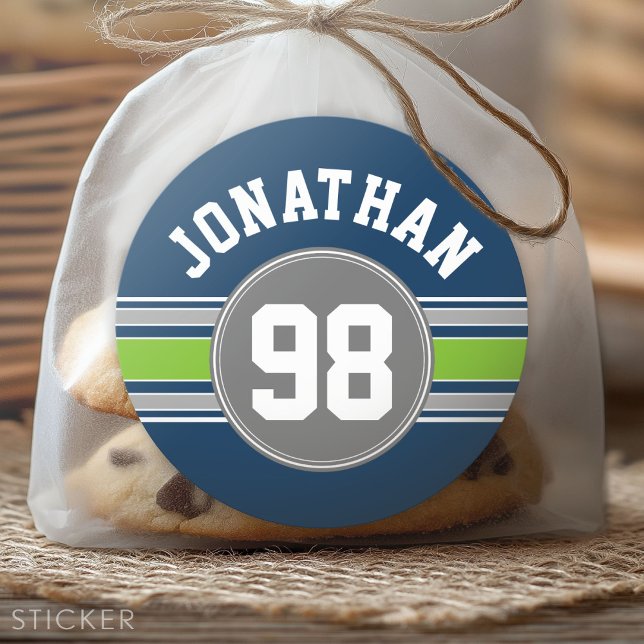 Sticker Rond Marine bleu Green Sports Jersey Grandes Nom Numéro (Custom Sticker for Party Favors and Envelopes)