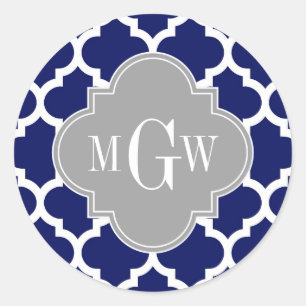 Sticker Rond Marine Bleu Marocain #5 Gris 3 Monogramme initial
