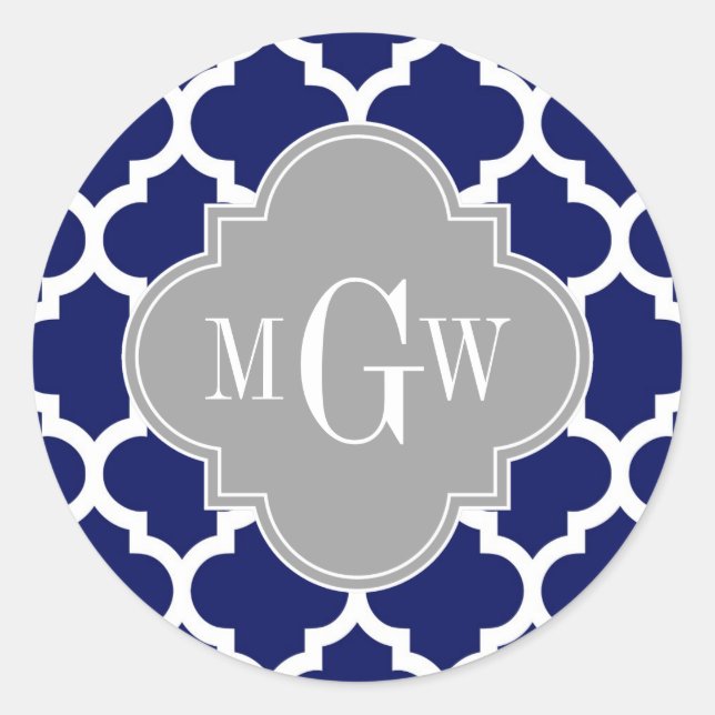 Sticker Rond Marine Bleu Marocain #5 Gris 3 Monogramme initial (Devant)