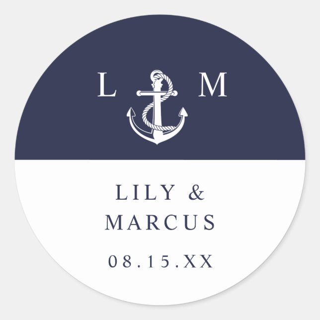 Sticker Rond Marine Bleu Monogramme Nautique Faveur de mariage (Devant)