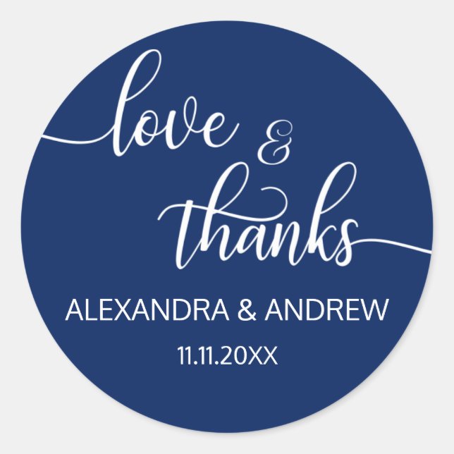 Sticker Rond Marine Bleu Script Mariage Amour & Merci (Devant)