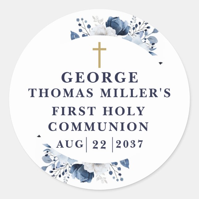 Sticker Rond Marine Bleue Botanique Moderne Sainte Communion (Devant)