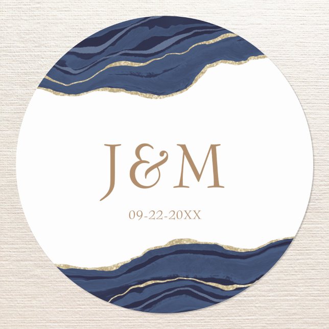 Sticker Rond Marine Blue Agate Marbre Or Parties scintillant Ma (Créateur téléchargé)