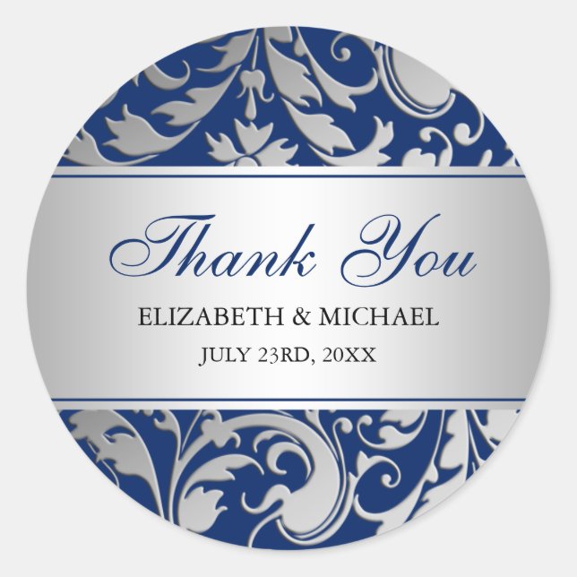 Sticker Rond Marine Blue Argent Damask Frotte Mariage Merci (Devant)