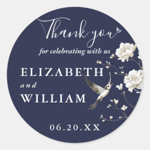Sticker Rond Marine Blue Chinoiserie Floral Mariage Merci