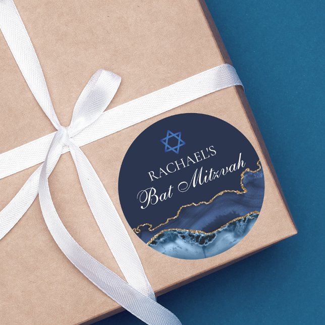 Sticker Rond Marine Blue Gold Agate Custom Bat mitzvah Party (Créateur téléchargé)