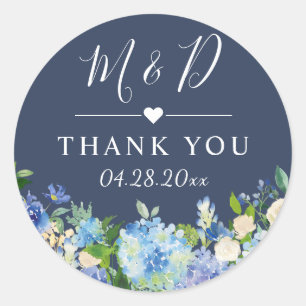 Sticker Rond Marine Blue Hydrangeas Floral Mariage Merci