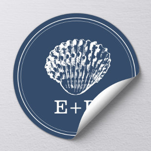 Sticker Rond Marine Blue Seashell Beach Mariage Faveur