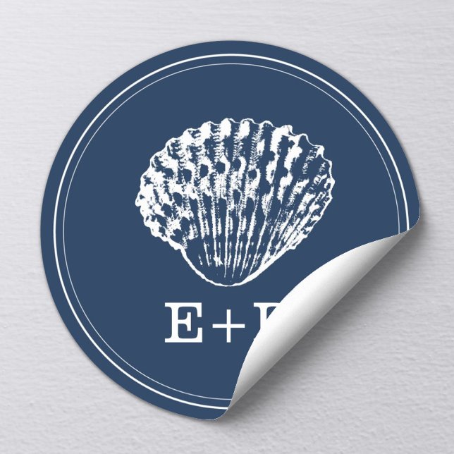 Sticker Rond Marine Blue Seashell Beach Mariage Faveur (Créateur téléchargé)