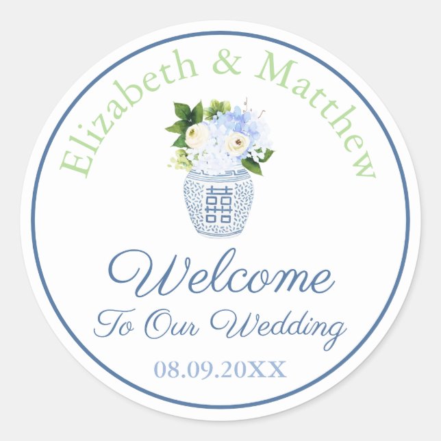 Sticker Rond Marine & Chartreuse Chinoiserie Chic Mariage Bienv (Devant)
