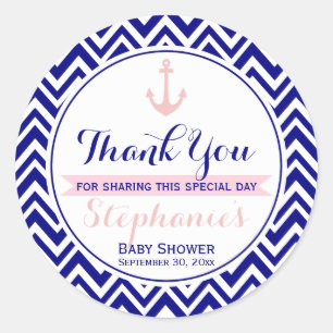 Sticker Rond Marine Chevron avec Baby shower nautique rose bébé