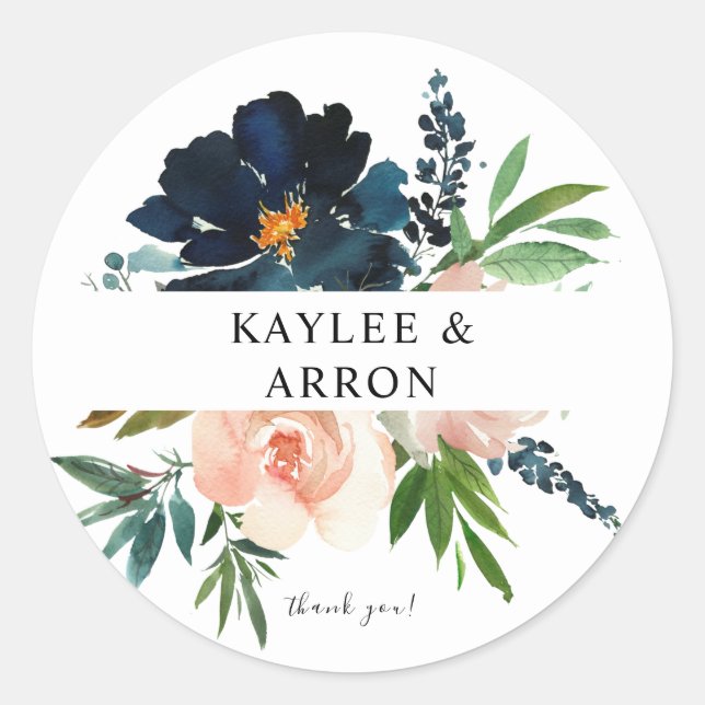 Sticker Rond Marine & Dusty Blue Rose Floral 3 Merci (Devant)