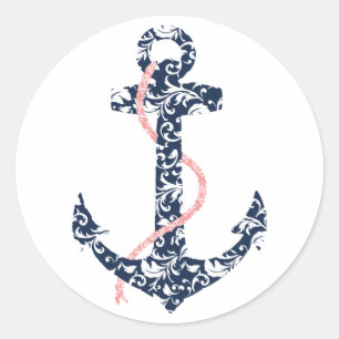 Sticker Rond Marine et Ancre rose Beach Mariage