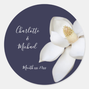 Sticker Rond Marine et Magnolia Blanche Mariage élégant